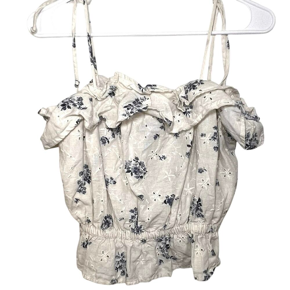American Eagle Top Women Size M White Blue Floral Eyelet Ruffle Straps Tank Crop